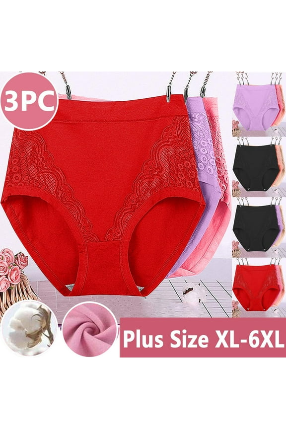 3 Piece Leak Proof Underwear Briefs for Women Plus Size High Waist Period Panties Comfortable Soft Cotton Underpants Lace Jacquard Ladies Panty Black XXL