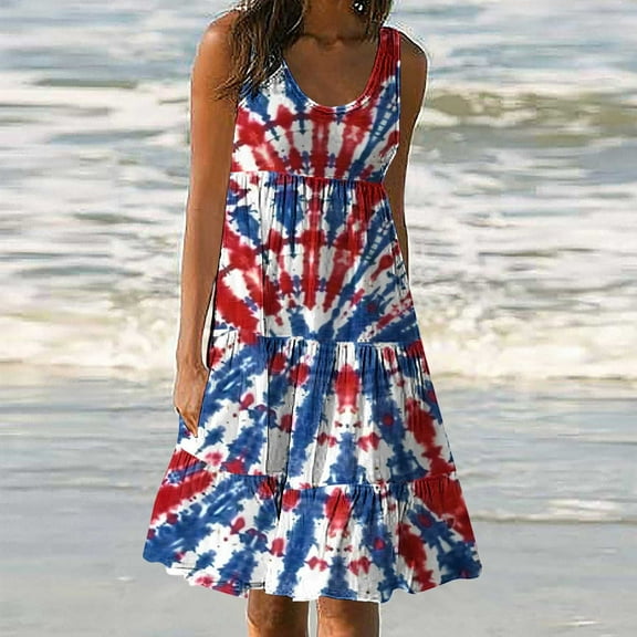 CFLVAEK 4th of July Dress for Women Plus Size Scoop Neck Sleeveless Tiered Sundress Red White and Blue Tie Dry Print Midi Dress Summer Beach Vacation Tank Dress XXXL