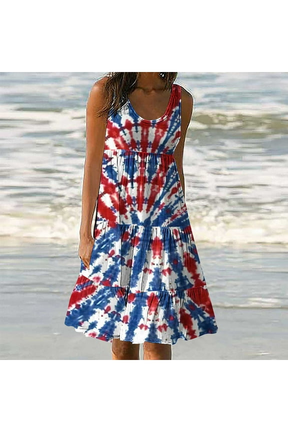 4th of July Dress for Women Plus Size Scoop Neck Sleeveless Tiered Sundress Red White and Blue Tie Dry Print Midi Dress Summer Beach Vacation Tank Dress XXL