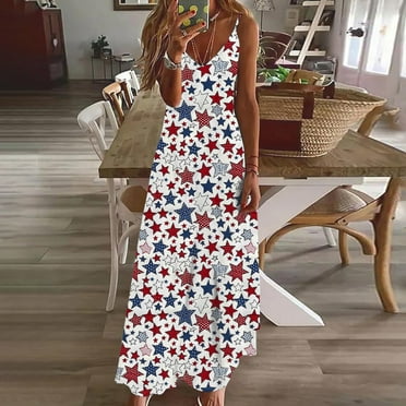 CFLVAEK 4th of July Dress Women Plus Size Sleeveless V Neck Sundress Novelty Stars and Striped Print Patriotic A Line Dress Loose Fit Spaghetti Straps Cami Dress M