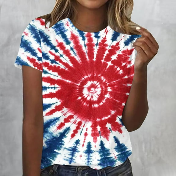 CFLVAEK 4th of July Patriotic Shirts for Women Red Blue and White Tie Dye Graphic Tees Loose Short Sleeve Round Neck Tshirt Independence Day T Shirts S