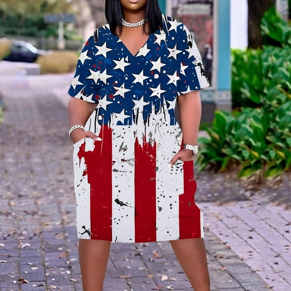 CFLVAEK 4th of July T Shirt Dress for Women Plus Size American Flag Graphic Dresses with Pockets Casual Short Sleeve V Neck Dress Independence Day Dresses Multicolor XXL