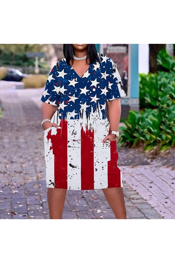 4th of July T Shirt Dress for Women Plus Size American Flag Graphic Dresses with Pockets Casual Short Sleeve V Neck Dress Independence Day Dresses Multicolor XXXXXL