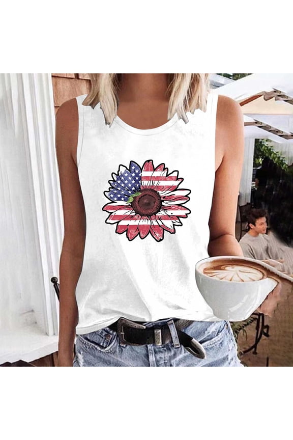 4th of July Tank Top for Women Fashion Sunflower American Flag Graphic Shirts Plus Size Sleeveless Crewneck Tank Tops Independence Day Going Out Tank Tops L