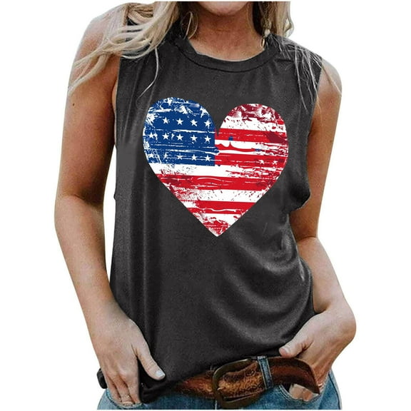 CFLVAEK 4th of July Tank Top for Women Funny American Flag Heart Graphic Shirts Loose Fit Sleeveless Crewneck Tanks Independence Day Going Out Tank Tops L