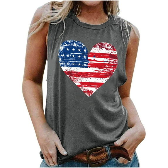 CFLVAEK 4th of July Tank Top for Women Funny American Flag Heart Graphic Shirts Loose Fit Sleeveless Crewneck Tanks Independence Day Going Out Tank Tops M