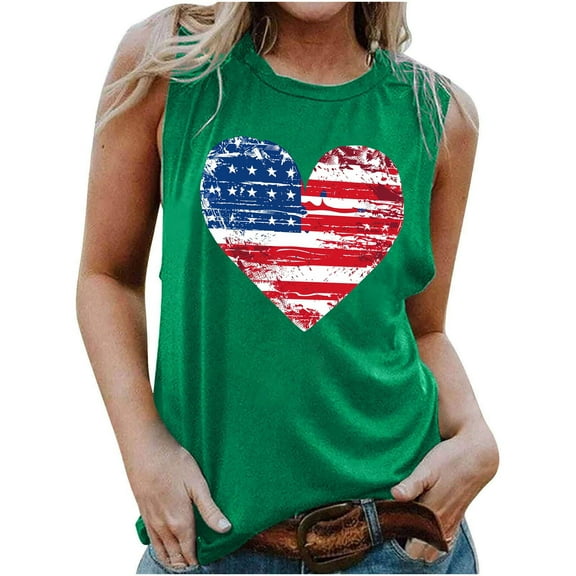 CFLVAEK 4th of July Tank Top for Women Funny American Flag Heart Graphic Shirts Loose Fit Sleeveless Crewneck Tanks Independence Day Going Out Tank Tops S