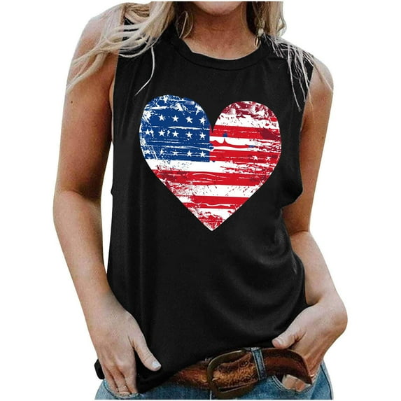 CFLVAEK 4th of July Tank Top for Women Funny American Flag Heart Graphic Shirts Loose Fit Sleeveless Crewneck Tanks Independence Day Going Out Tank Tops S