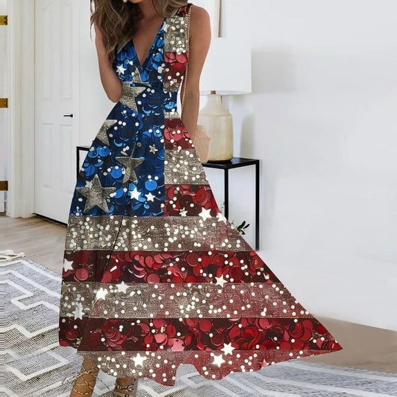 CFLVAEK 4th of July Wrap Dress for Women Plus Size Stars and Stripes Print Dresses Elegant V Neck Cocktail Party Dress Sleeveless Flowy Swing Maxi Dress XXXL