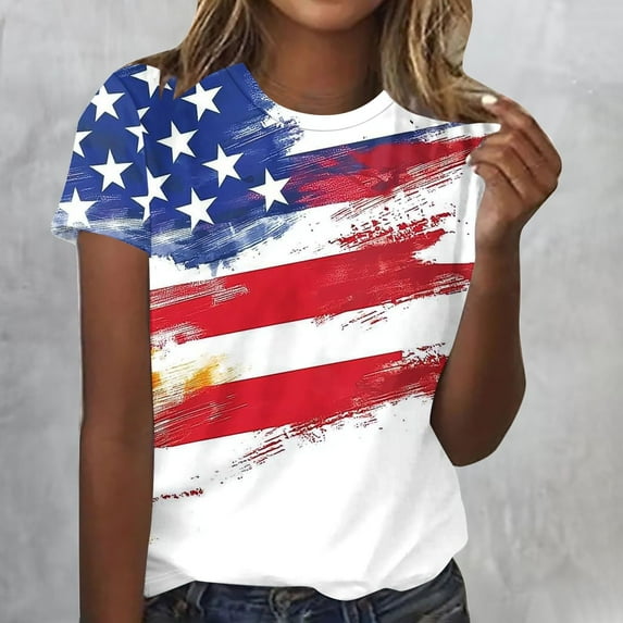 CFLVAEK 4th of July Patriotic Tshirts for Women American Flag Graphic Tees Casual Short Sleeve Tshirt Independence Day Crewneck Tops XL