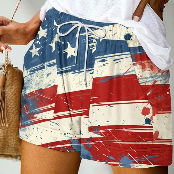 CFLVAEK 4th of July Shorts Women Comfy High Waisted Drawstring Shorts Red White and Blue Shorts Beach Vacation Trendy Shorts with Pockets XXL