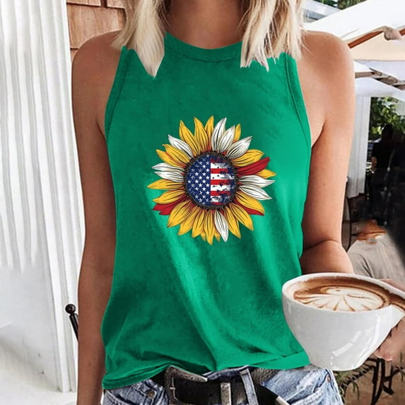CFLVAEK 4th of July Tank Top for Women Funny Sunflower American Flag Print Shirts Casual Sleeveless Crewneck Independence Day Tank Tops L