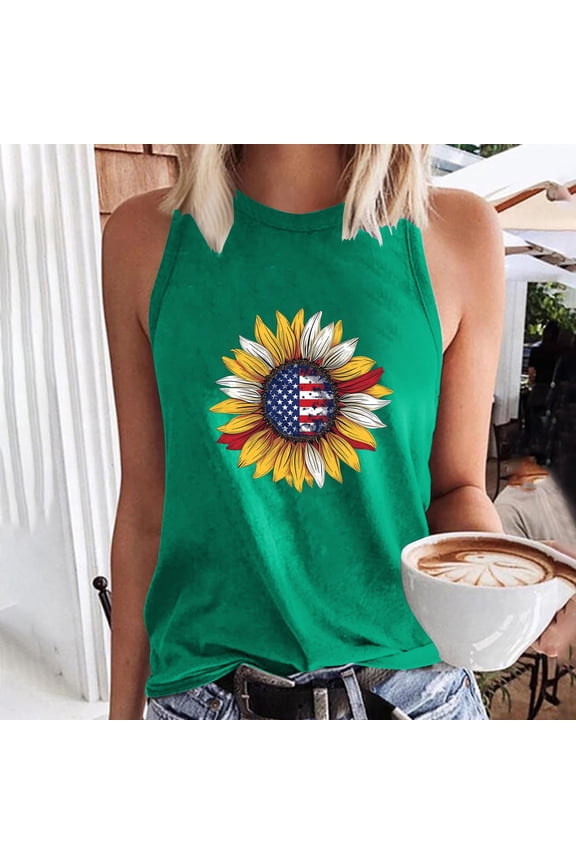 4th of July Tank Top for Women Funny Sunflower American Flag Print Shirts Casual Sleeveless Crewneck Independence Day Tank Tops XXL