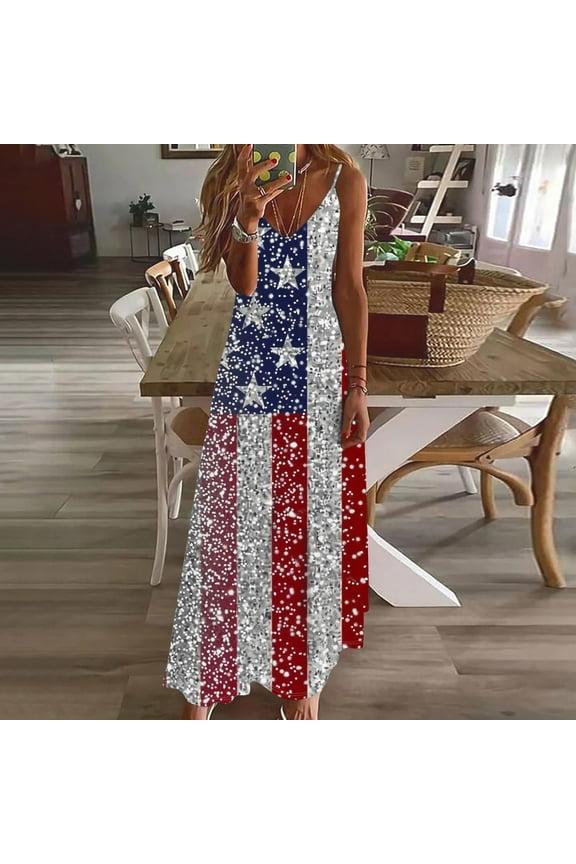 American Flag Dress for Women Plus Size Sleeveless V Neck Sundress July 4th Patriotic A Line Dress Independence Day Spaghetti Straps Party Maxi Dress XXL