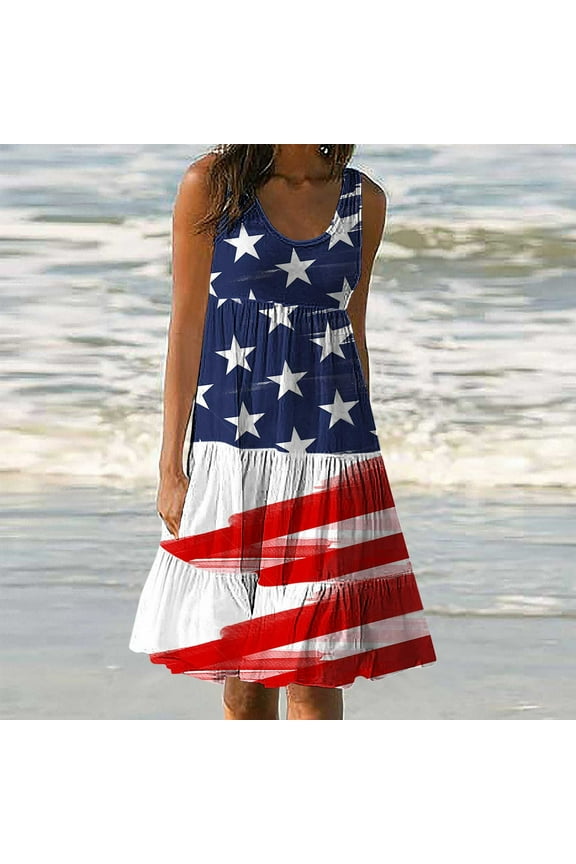 American Flag Dress for Women Plus Size Sleeveless Sundress Loose Fit Scoop Neck Tiered Midi Dress 4th of July Vacation Beach Tank Dress XXXL