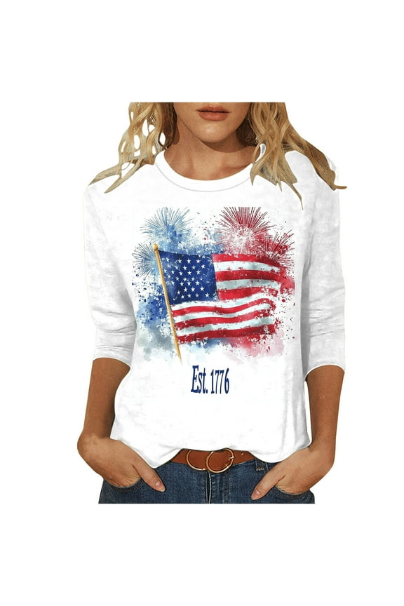 American Flag Est.1776 Shirts for Women 4th of July Patriotic Shirt Plus Size 3/4 Sleeve T Shirts Loose Fitting Round Neck Independence Day Tops XXXL