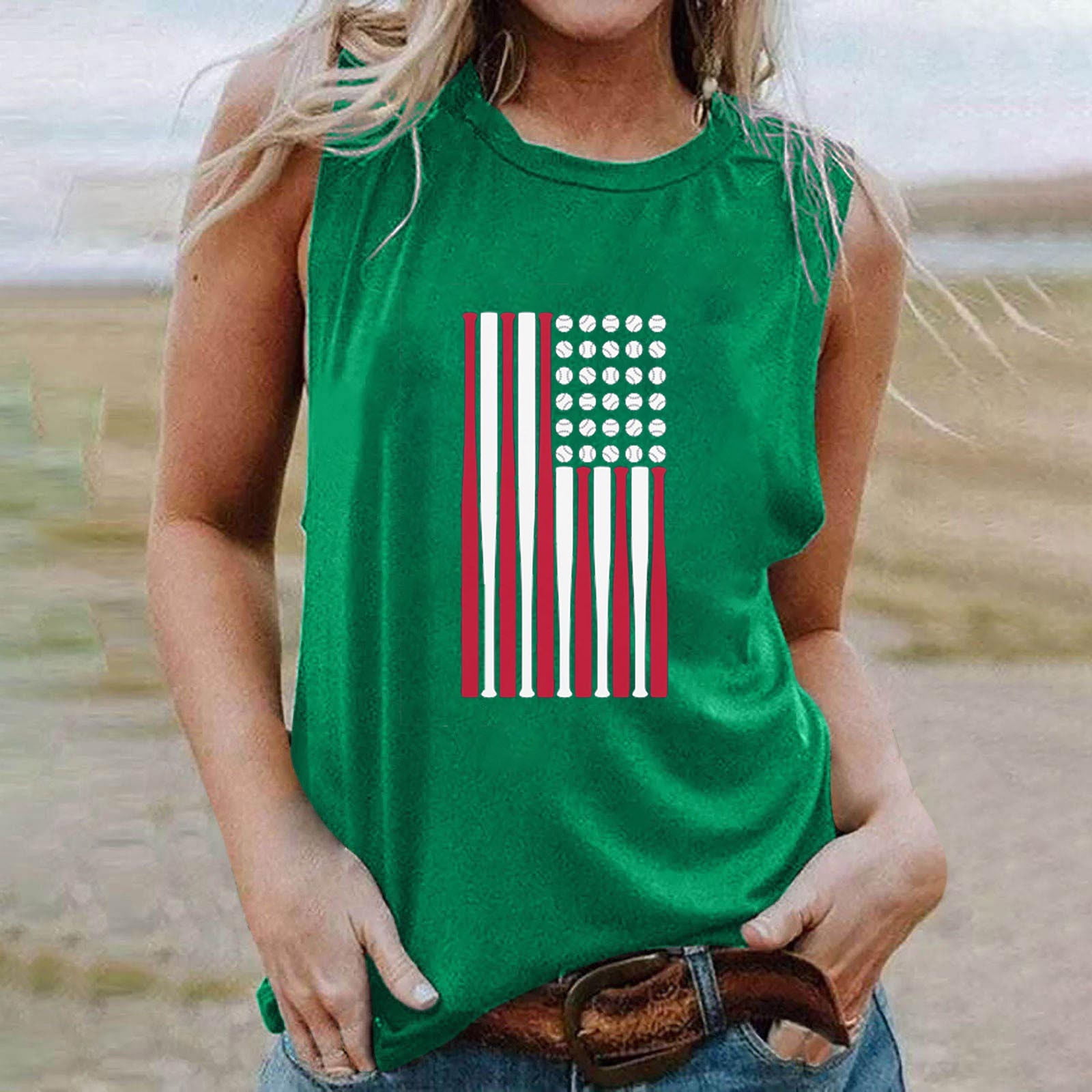 Poetsky Women's 4th Of July Tank Top - Patriotic Flag Graphic, Backless Keyhole Design, Army Green (Medium)