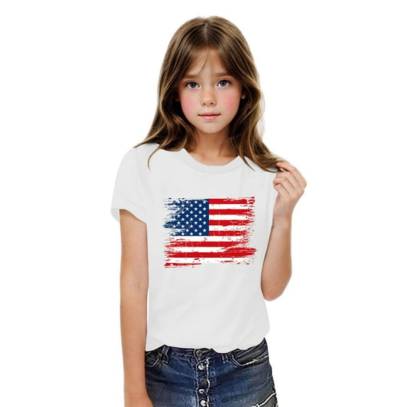 CFLVAEK American Flag Shirts Kids July 4th Patriotic Tshirts Short Sleeve Round Neck Cotton Tshirt Indenpendence Day Gifts Tops for Girls Boys 5 T