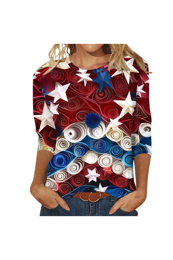 American Flag Shirts for Women Fashion Red Blue and White Tees Shirt Loose Fitted 3/4 Sleeve Patriotic Blouses Comfort Crew Neck 3D Stars Graphic Ladies USA Tops