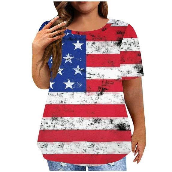 CFLVAEK American Flag Graphic Tees for Women Plus Size 4th of July Patriotic Tshirts Casual Summer Short Sleeve Crewneck Tshirt Independence Day Tops L