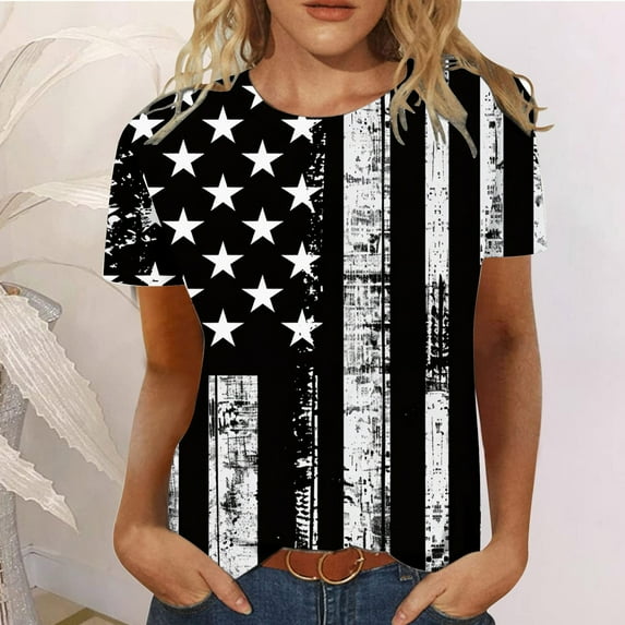 CFLVAEK American Flag Graphic Tees for Women Plus Size Short Sleeve 4th of July Patriotic Tshirt Summer Casual Crewneck Tshirts Independence Day T Shirts L