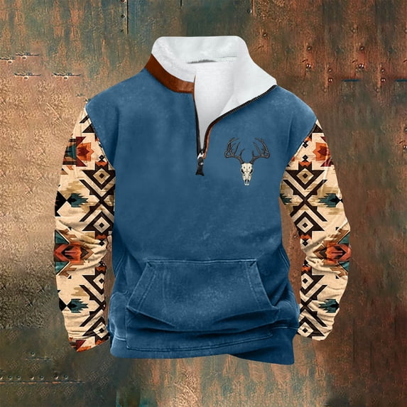 CFLVAEK Aztec Sweatshirts for Men Big and Tall Half Zip Sweatshirt Vintage Long Sleeve Pullover Tops with Pockets Blue XXXXXL