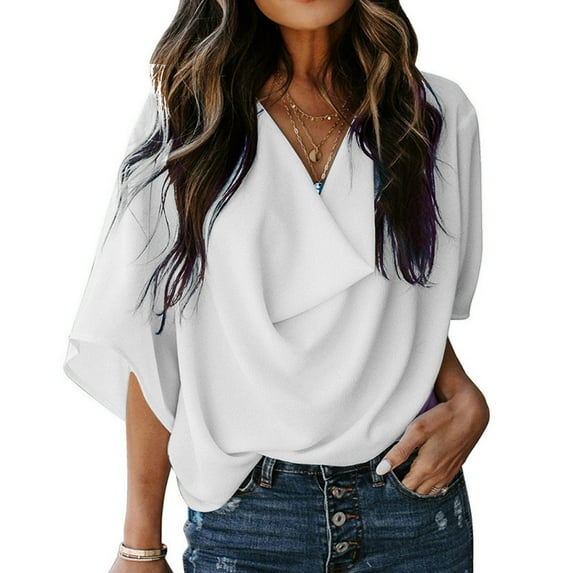 CFLVAEK Baggy Chiffon Blouses for Women Casual V Neck Solid Color Tops Trendy 3/4 Sleeve Going Out T Shirts