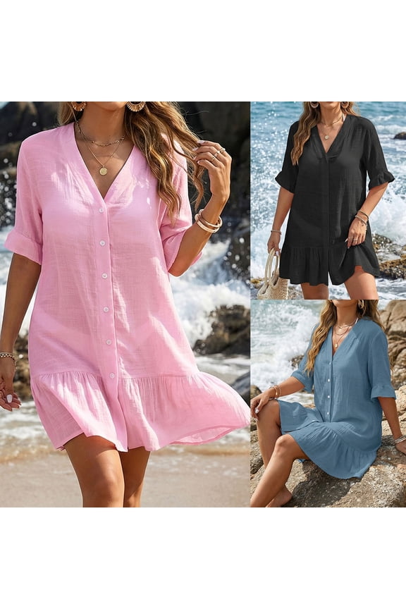Bathing Suit Cover Up for Women Button Down Vacation Beach Cover Ups Summer Casual Short Sleeve Swimsuit Coverup Blue L