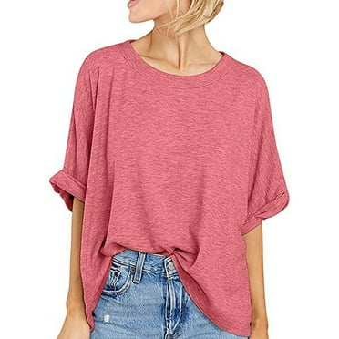 CFLVAEK Batwing Oversized T-Shirt for Women Casual Rolled 3/4 Sleeve Crewneck Blouses Solid Relaxed Fit Workout Cotton Pajama Tops