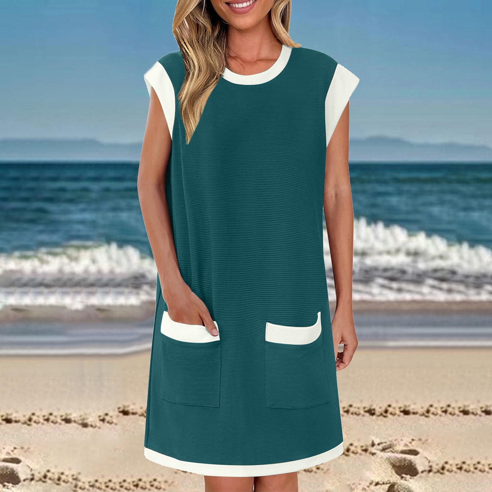 Women's Casual Short Sleeve Sundress - Scoop Neck T-Shirt Dress With Pockets For Summer & Beach