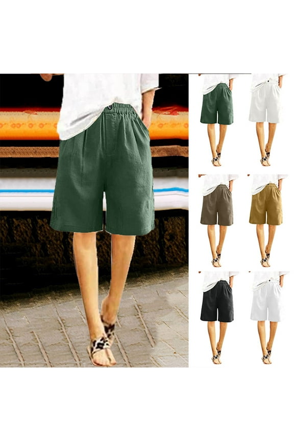 Bermuda Shorts for Women Plus Size Loose Knee Length Short with Pockets Solid Color Drawstring High Waist Short Pants Summer Beach Shorts Beige XXXL