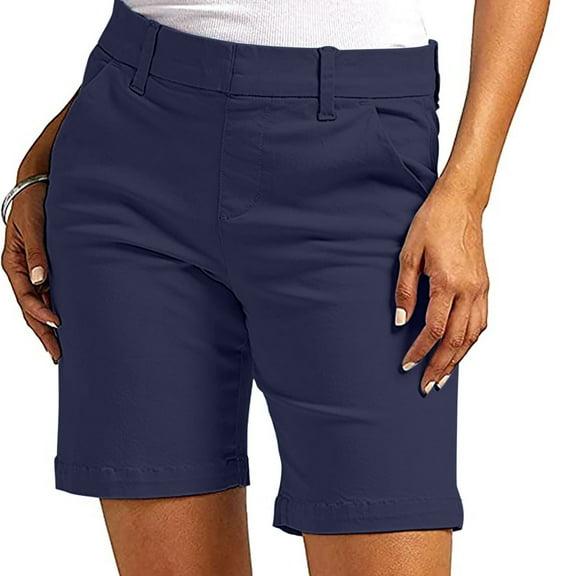 CFLVAEK Bermuda Shorts for Women Fashion Straight Leg High Waisted Chino Shorts with Pockets Summer Vacation Solid Color Shorts Navy XL