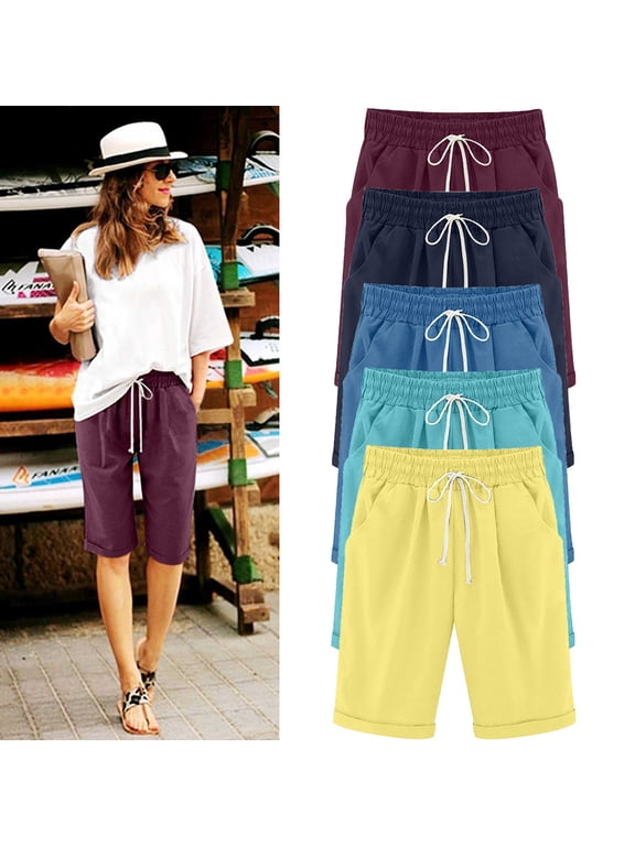 Bermuda Shorts for Women Knee Length Plus Size Summer Casual Beach Elastic Waist Drawstring Comfy Trendy Long Shorts Blue M