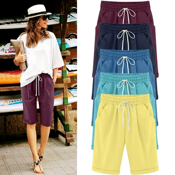 CFLVAEK Bermuda Shorts for Women Knee Length Plus Size Summer Casual Beach Elastic Waist Drawstring Comfy Trendy Long Shorts Yellow XXXL
