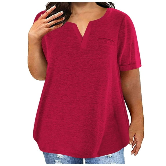 Black_Friday Deals CFLVAEK Big Oversized Cotton Shirts for Women Loose Fit Notch V Neck Shirts with Pocket Casual Short Sleeve Blouses Plus Size Trendy Female Clothing Red XL