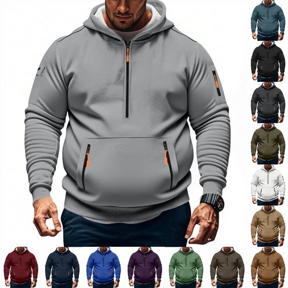 CFLVAEK Big and Tall Hoodies for Men Casual Half Zip Hooded Pullovers with Zipper Pockets Solid Color Long Sleeve Workout Hoodie Sweatshirts Khaki XXXL