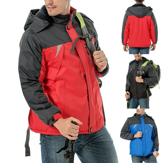 CFLVAEK Big and Tall Men's Windbreaker Jacket Fleece Lined Long Sleeve Rain Jackets with Detachable Hood Zip Up Color Block Print Coats for Hiking Outdoor Travel Black XXL