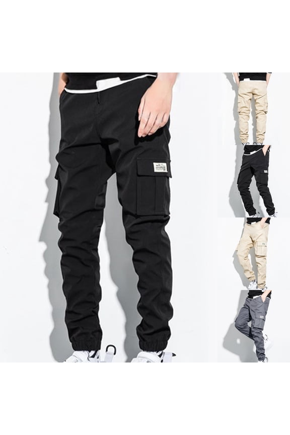 Big and Tall Men's Cargo Pants Casual High Waist Hiking Work Pant Elastic Bottom Workout Outdoor Cargo Pant with Pockets Black XXXXL