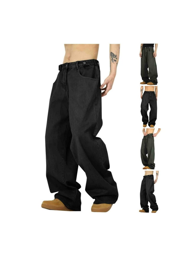 Big and Tall Mens Jean Pants Loose Fit Wide Leg Baggy Pant with Pockets Casual Solid Color Vintage Denim Pants Black M