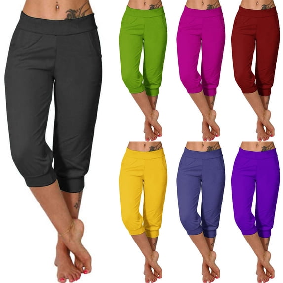 CFLVAEK Black Capri Pants for Women Plus Size Cinch Bottom Workout Capris with Pockets Solid High Waisted Summer Beach Vacation Pant Navy S