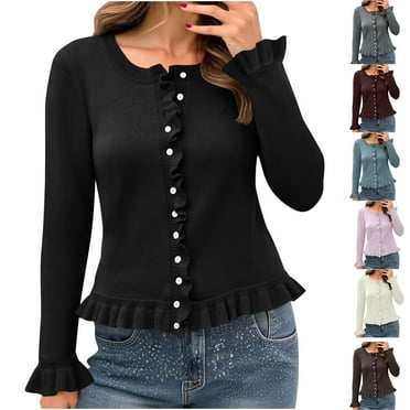 CFLVAEK Black Cardigan for Women Dressy Casual Ruffled Hem Knit Sweater Casual Button Down Crewneck Knitwear Trendy Fall Long Sleeve Tops Blue M