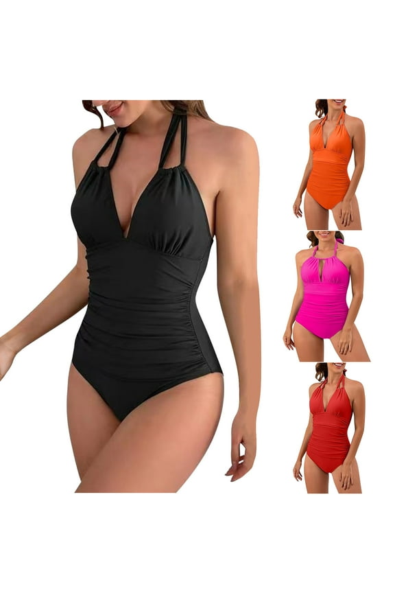 Black One Piece Swimsuits for Women Tummy Control Double Straps Halter Bathing Suits Solid Color V Neck Cheeky Swim Suits Summer Backless Beachwear with Padded Orange S