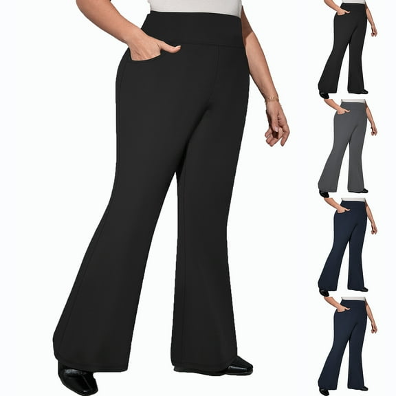 CFLVAEK Black Slacks Pants for Women Plus Size Bootcut Yoga Pants Comfy High Waisted Leggings Solid Color Dressy Casual Leggings with Pockets 2025 Dark Gray XXXL