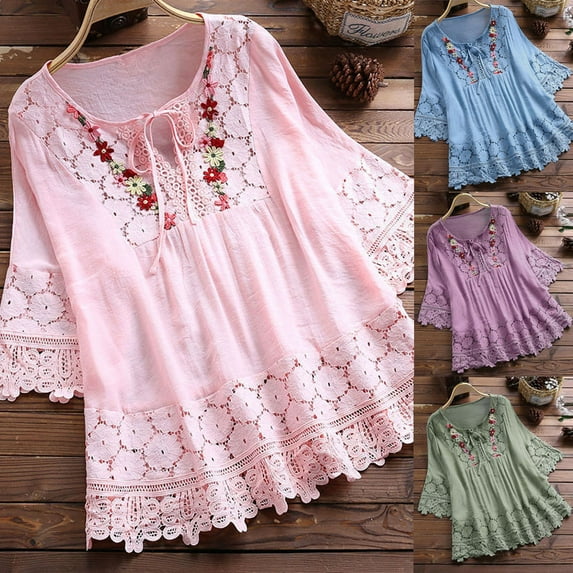 CFLVAEK Boho Shirts for Women Elegant Lace Up Crewneck Shirt Loose Fit Eyelet 3/4 Sleeve Tunic Tops Vintage Floral Embroidery Blouses White XXXXXL