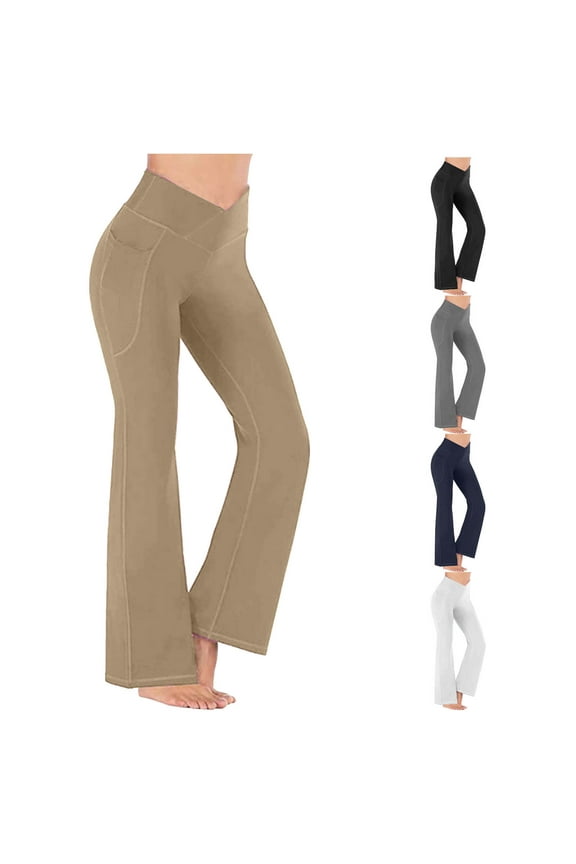 Bootcut Yoga Pants for Women Criss Cross High Waist Flare Leggings with Pockets Solid Butt Lift Workout Legging Pants Khaki M