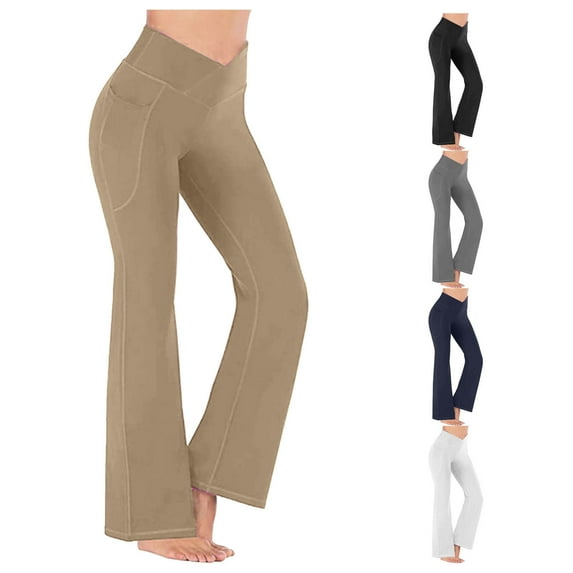CFLVAEK Bootcut Yoga Pants for Women Criss Cross High Waist Flare Leggings with Pockets Solid Butt Lift Workout Legging Pants Khaki XL