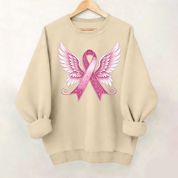 CFLVAEK Breast Cancer Awareness Sweatshirt for Women Pink Ribbon Graphic Sweatshirts Casual Crewneck Long Sleeve Pullover Tops for Cancer Survivor Beige S