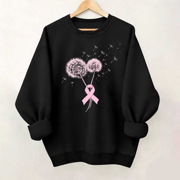 CFLVAEK Breast Cancer Awareness Sweatshirt for Women Pink Ribbon Graphic Sweatshirts Casual Crewneck Long Sleeve Pullover Tops for Cancer Survivor Black L