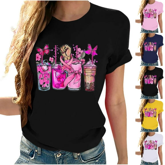 CFLVAEK Breast Cancer Tshirt for Womens Plus Size Short Sleeve Tshirt Loose Fit Crewneck Tops Funny Pink Ribbon Graphic Tees for Cancer Survivor Gifts XXXL