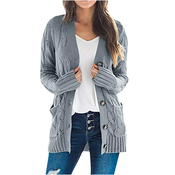 CFLVAEK Cable Knit Cardigan Sweaters for Women with Pockets Comfy Button Down Cardigans Loose Fit Long Sleeve Soft Sweater Solid Color Fall Coat Outwear Gray XXL